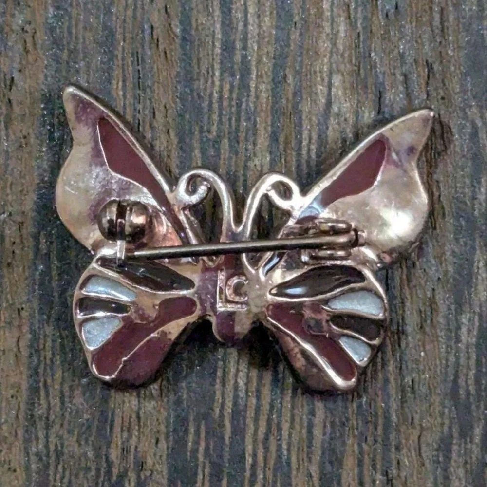 Vintage Enamel Butterfly Brooch With Pink & Clear‎ Rhinestones Estate 1.25
